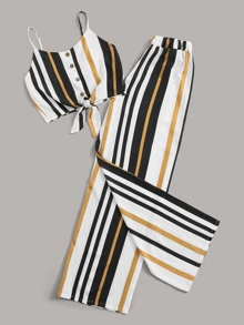 Striped Cami Top With Wide Leg Pants - Multicolor - View 3
