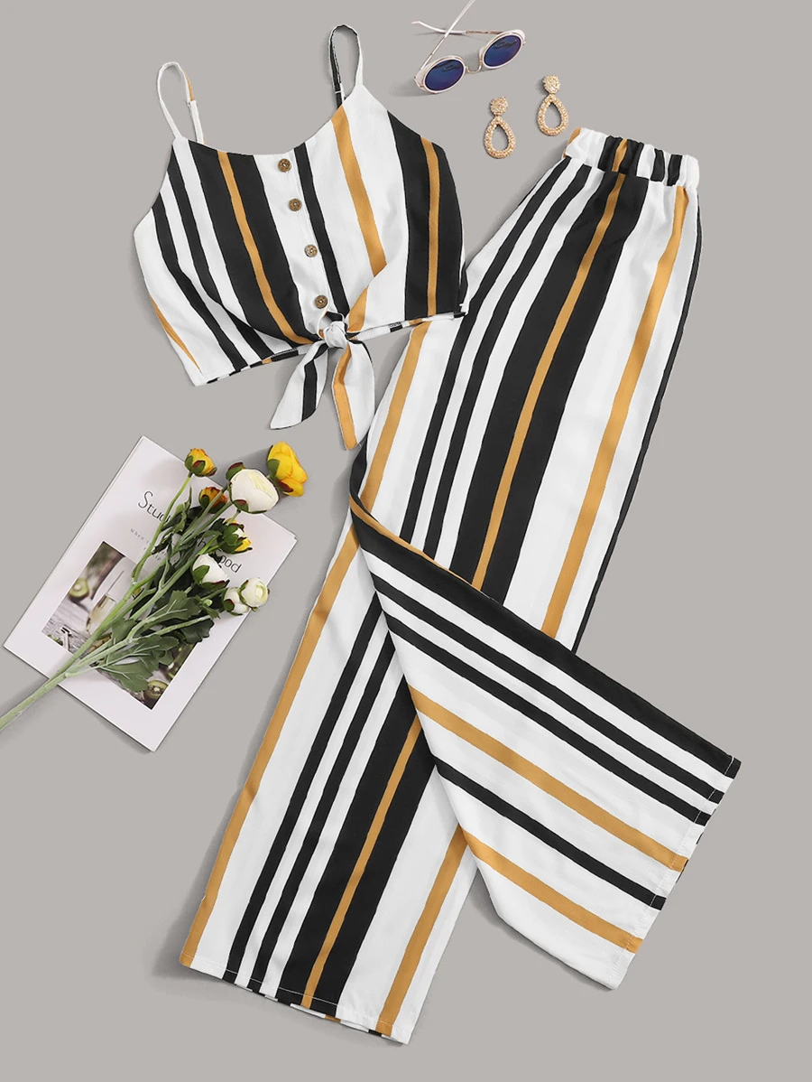 Striped Cami Top With Wide Leg Pants - Multicolor - View 1
