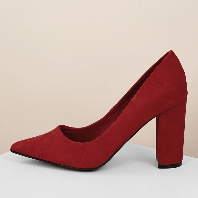 

Pointed Toe Chunky Heel Classic Court Pumps, Burgundy