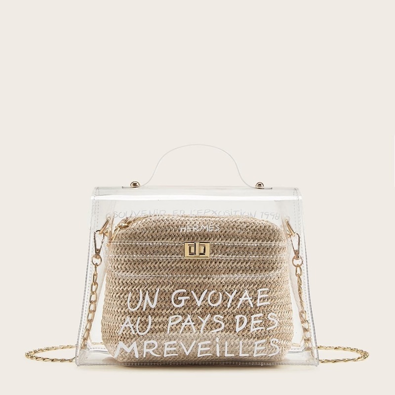 

Letter Print Clear Satchel Bag With Inner Clutch, Khaki