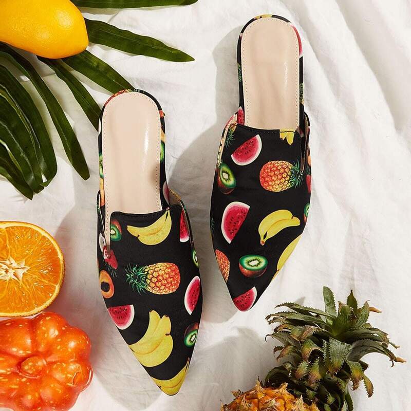 

Fruit Print Point Toe Flat Mules, Multicolor