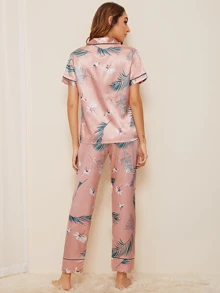 Crane & Tropical Print Satin Pyjama Set - Dusty Pink - View 2
