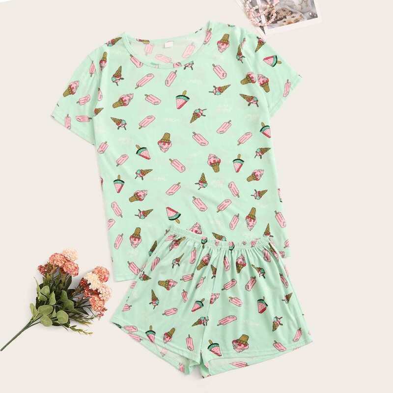Ice Cream Print Pajama Set, Green