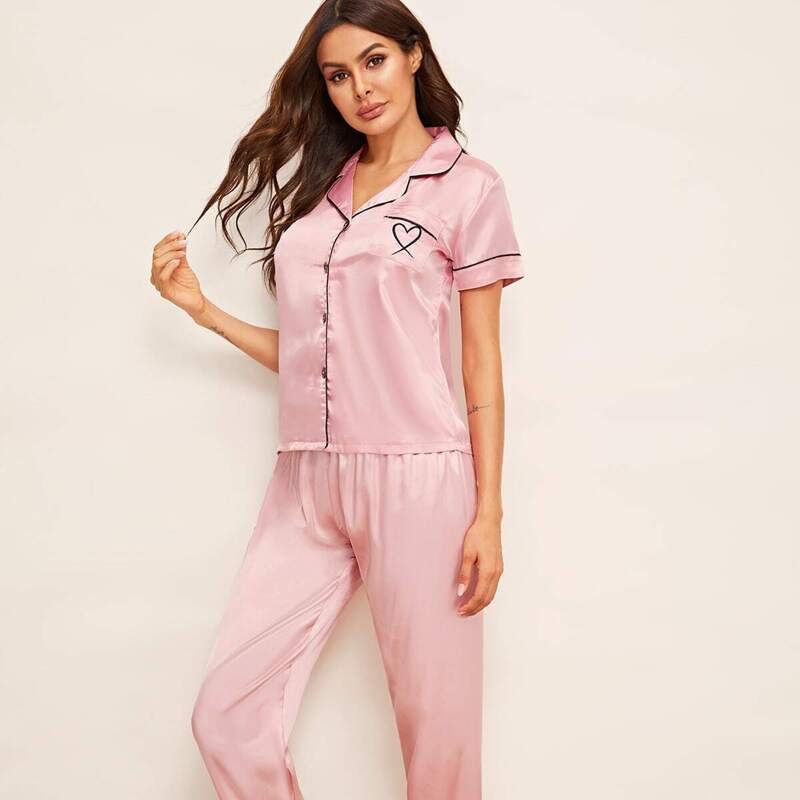 

Heart Embroidered Satin Pajama Set, Pink