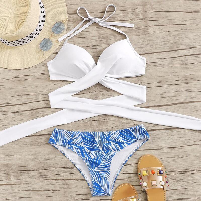 

Wrap Halter Top With Leaf Print Bikini Set, White