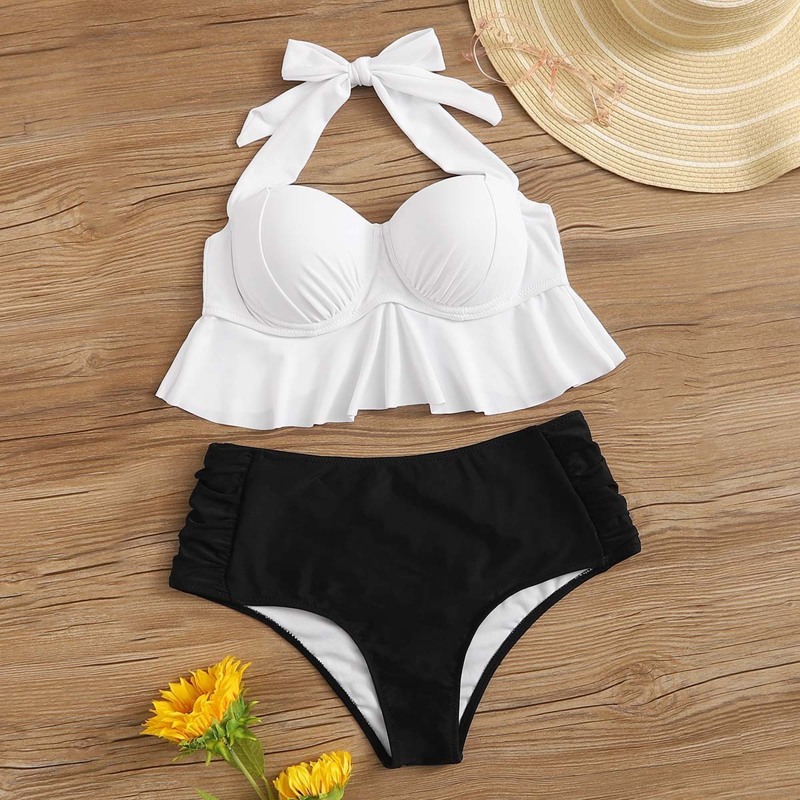 

Ruffle Bustier Top With Ruched High Waist Bikini, Black and white