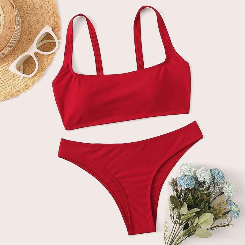 

Square Neck Top With Cheeky Bikini Set, Red