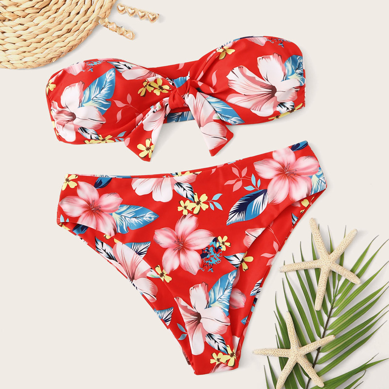 

Random Floral Knot Bandeau With High Waist Bikini, Multicolor