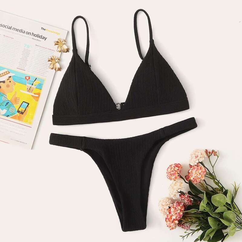 

Triangle Top With Tanga Bikini Set, Black