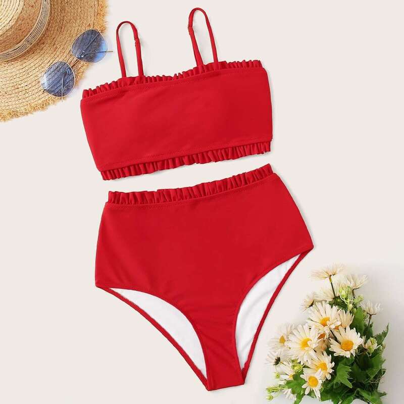 

Frill Trim Top With High Waist Bikini Set, Red