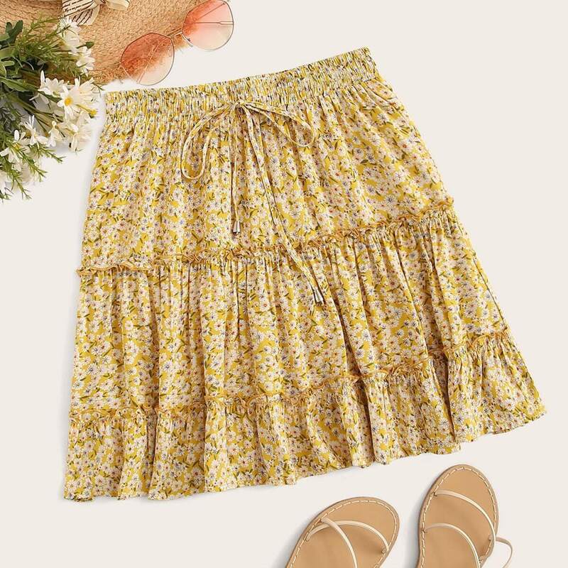 

Plus Ditsy Floral Print Frill Ruffle Hem Drawstring Skirt, Multicolor