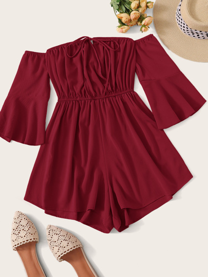 Knot Front Flounce Sleeve Bardot Romper
