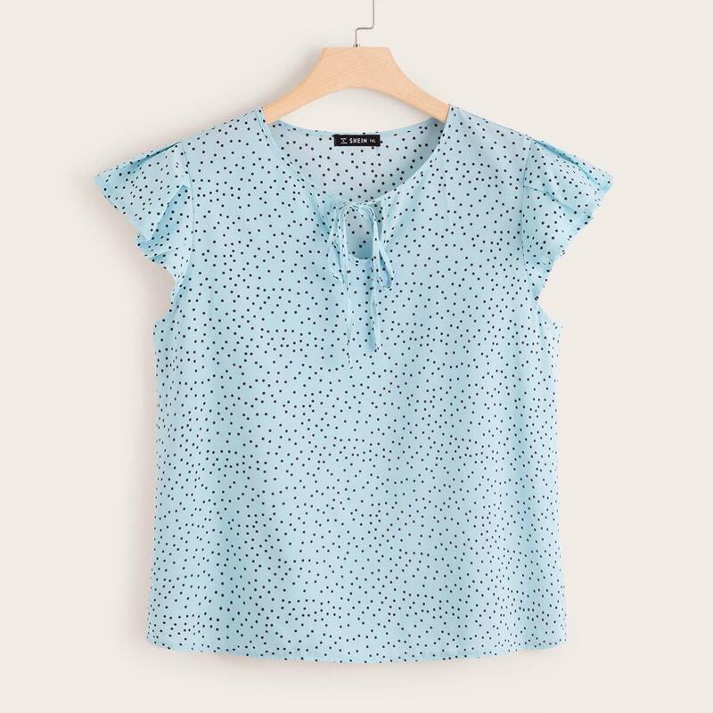 

Plus Polka-dot Print Tie Front Top, Blue pastel