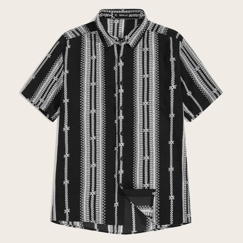 

Guys Button Up Tribal Print Shirt, Black and white