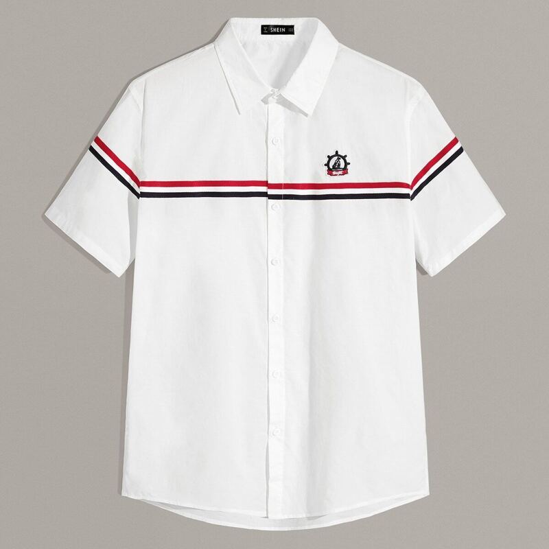 

Guys Button Up Striped Tape Curved Hem Shirt, White