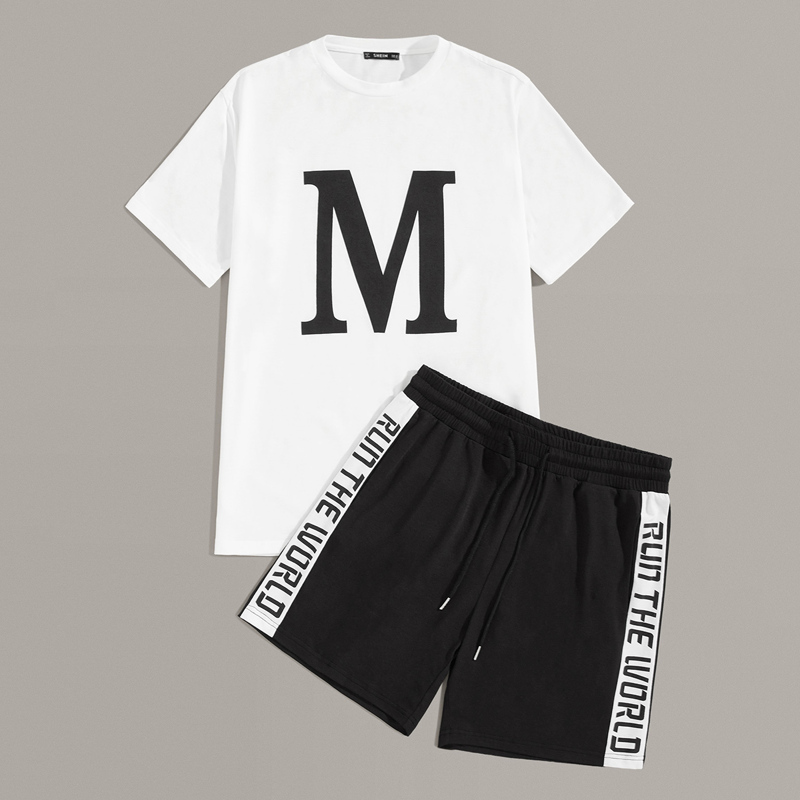 

Guys Letter Graphic Top and Drawstring Waist Tape Side Shorts Set, Black and white