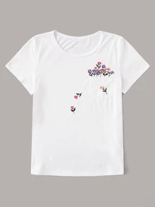 SHEIN 刺繡花卉貼布口袋T恤 - 白色 - 查看 3