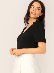 SHEIN V-neck Scallop Edge Top - Black - View 3