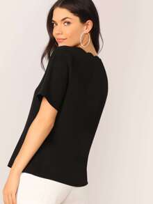 SHEIN V-neck Scallop Edge Top - Black - View 2