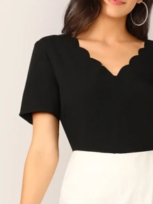 SHEIN V-neck Scallop Edge Top - Black - View 4