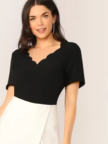 SHEIN V-neck Scallop Edge Top - Black - View 1