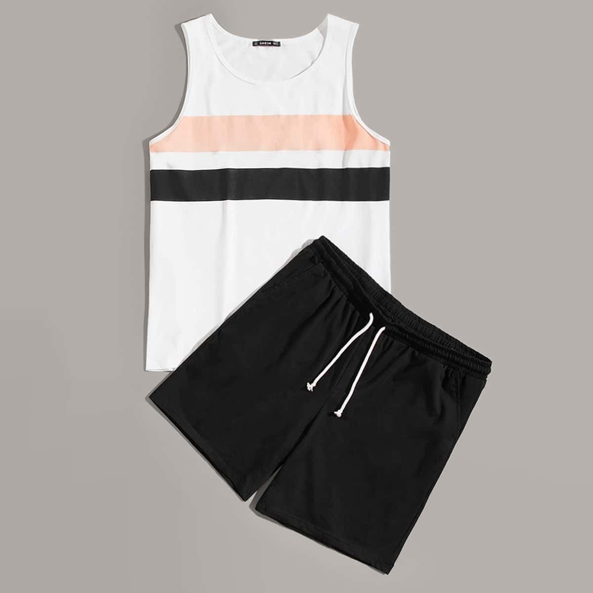 

Guys Colorblock Striped Tank Top & Shorts Set, Black and white