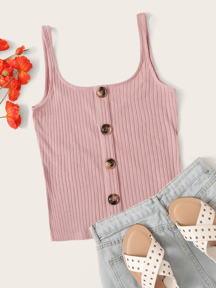 Button front rib knit tank top Clearance