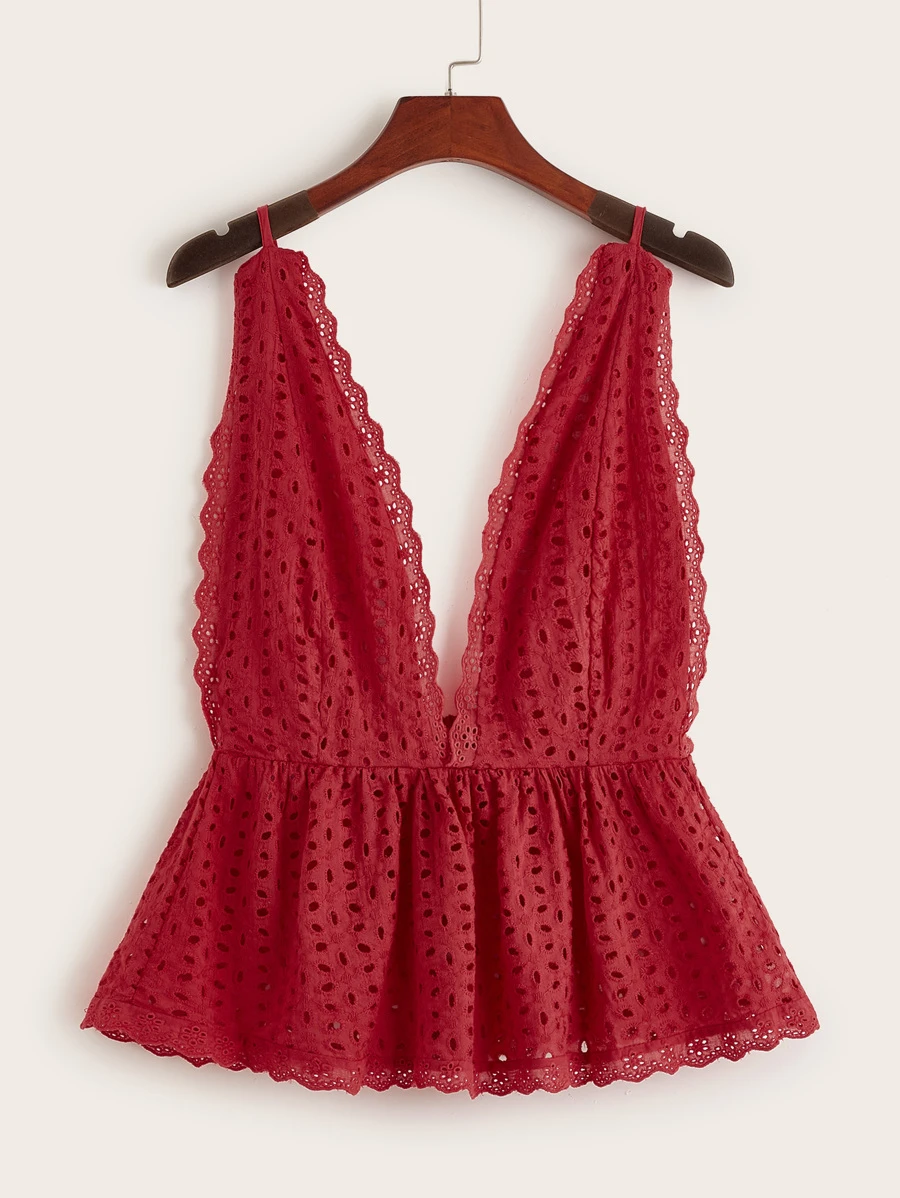 Top de tirante bajo fruncido con bordado con ojal - Burdeos - Ver 1