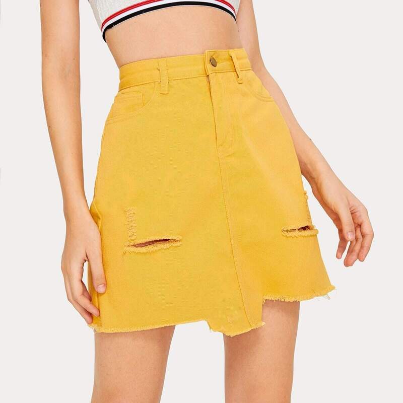 

Raw Hem Ripped Denim Skirt, Yellow
