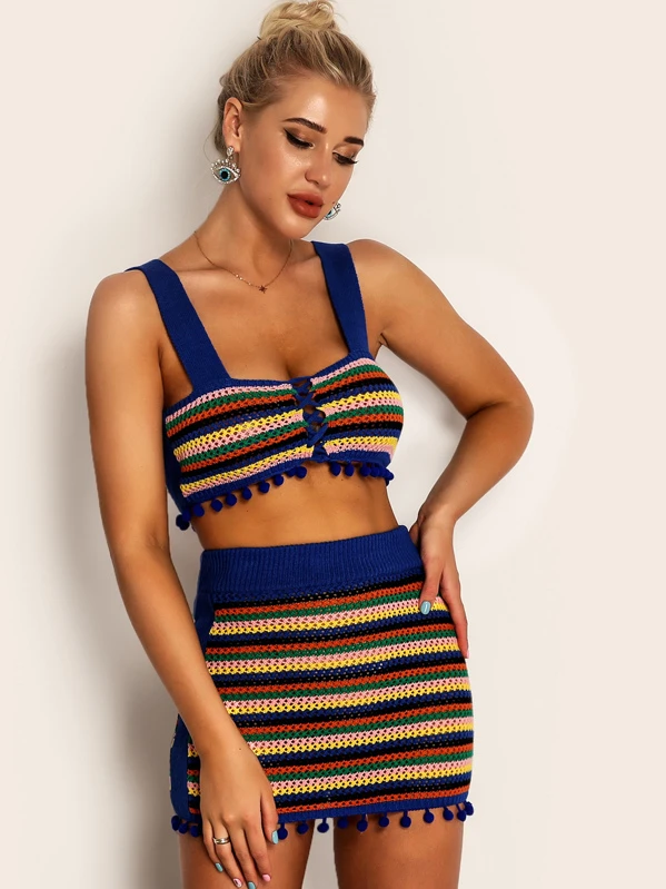 Pompom Detail Crochet Halter Top and 