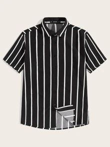 GENTILAND Camisa de hombres de rayas con botón delantero - Blanco y Negro - Ver 1