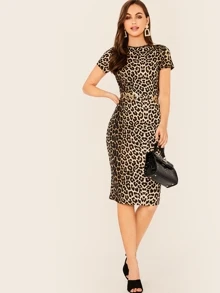 SHEIN Clasi Leopard Print Pencil Dress Without Belt - Multicolor - View 1
