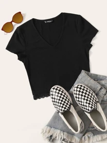 SHEIN V-neck Lace Hem Rib-knit Top - Black - View 1