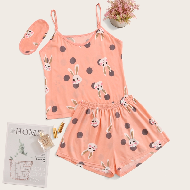 

Rabbit Print Cami PJ Set With Eye Mask, Pink