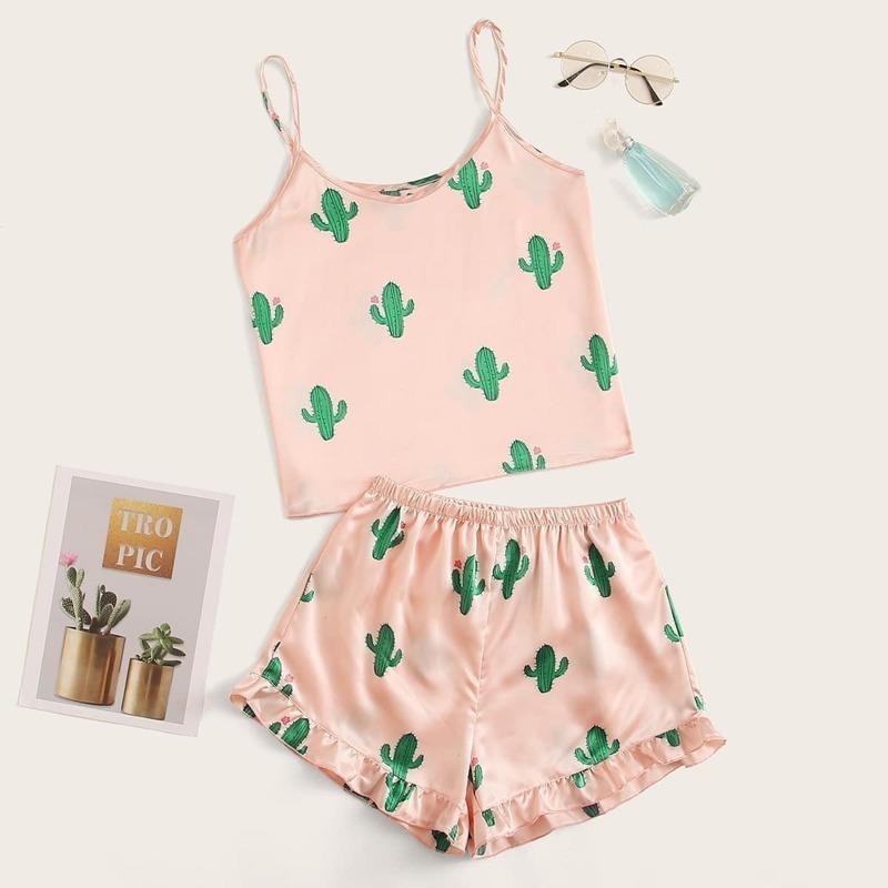 

Cactus Print Satin Cami PJ Set, Pink