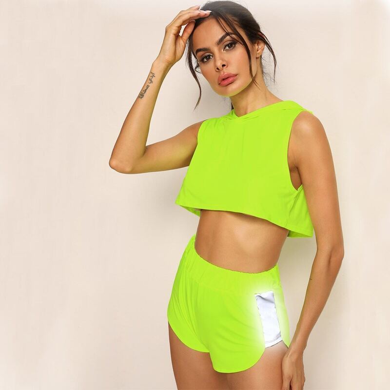 

Neon Lime Hooded Tank Top & Reflective Tape Shorts, Green bright