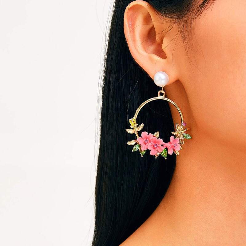 

Faux Pearl Decor Ring Flower Drop Earrings 1pair, Multicolor