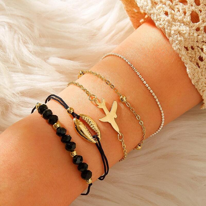 

Shell & Airplane Decor Chain Bracelet 5pcs, Multicolor