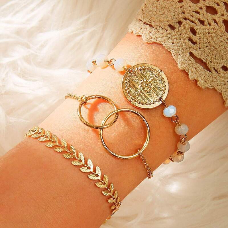 

Disc & Circle Charm Chain Bracelet 3pcs, Gold