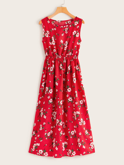 Floral Print Shirred Waist Dress