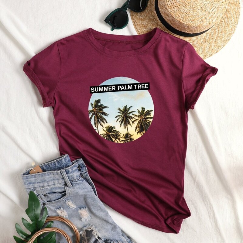 

Tropical & Letter Print Tee, Burgundy