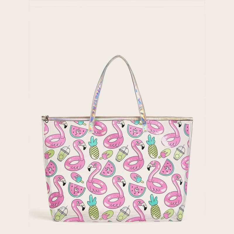 

Flamingo & Pineapple Print Tote Bag, Multicolor