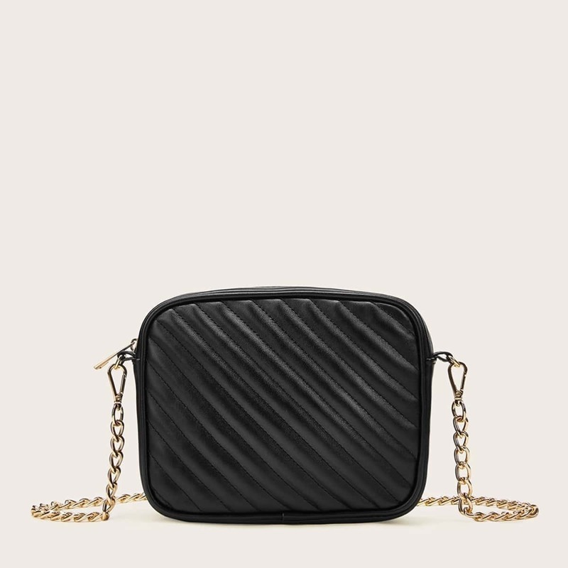 

Chain Strap Ribbed Crossbody Bag, Black