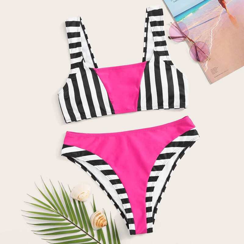 

Neon Pink Striped Bikini Set, Pink bright