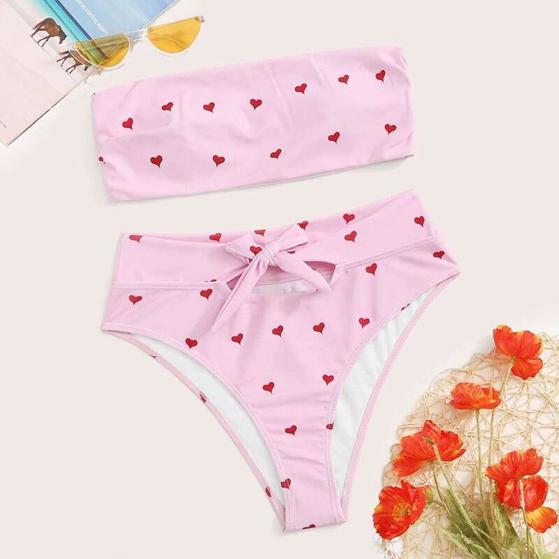 

Heart Print Bandeau With Knot Front Bikini Set, Pink
