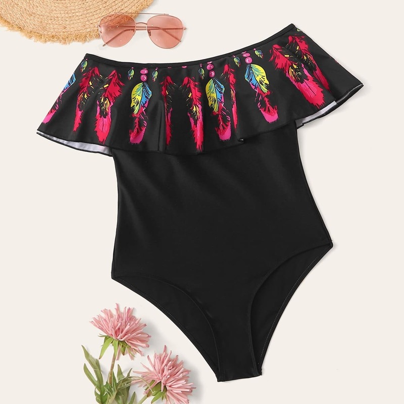 

Feather Print Flounce One Piece Swimwear, Black