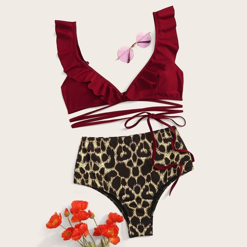 

Ruffle Trim Top With Leopard Bikini Set, Multicolor