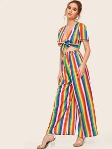 Rainbow Striped Tie Front Crop Top With Wide Leg Pants - Multicolor - View 3