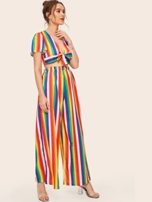 Rainbow Striped Tie Front Crop Top With Wide Leg Pants - Multicolor - View 4