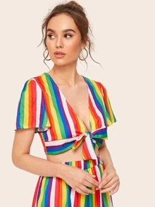 Rainbow Striped Tie Front Crop Top With Wide Leg Pants - Multicolor - View 5